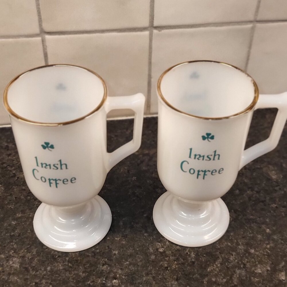 2 (two) Vintage Milk Glass, 6" H, Gold Rimmed Irish Coffee Mugs